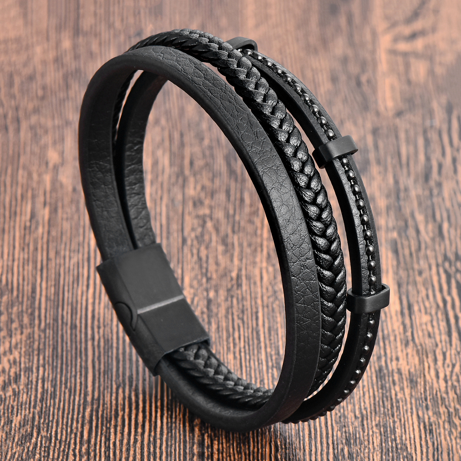 Bracelets Classification Simple Style 316L Stainless Steel Leather Solid Color Black Men Cord & Leather Bracelets
