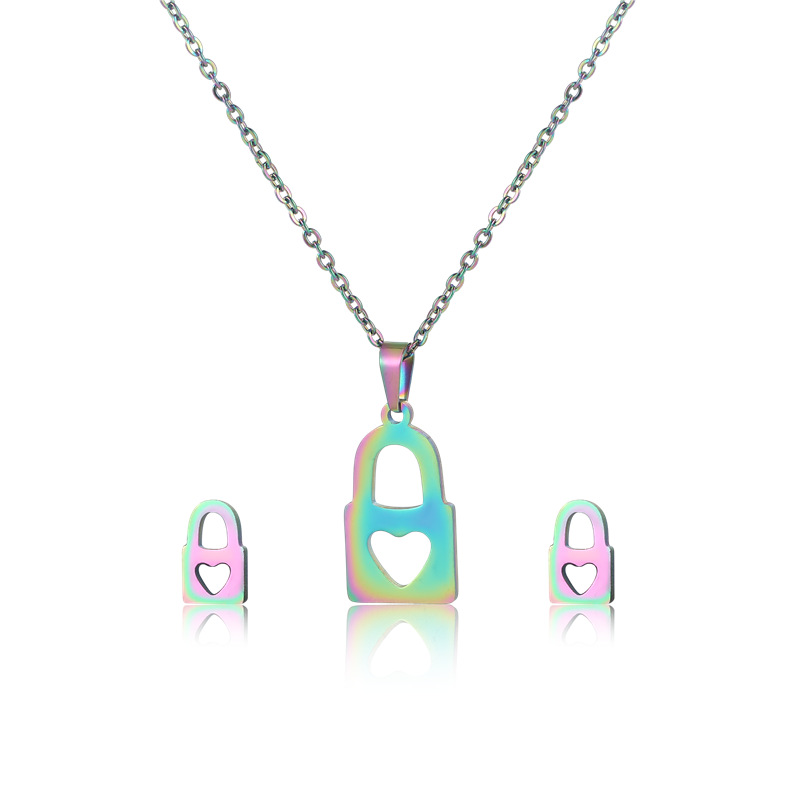 hip hop colorful stainless steel clavicle chain earrings set female colorful concentric lock item