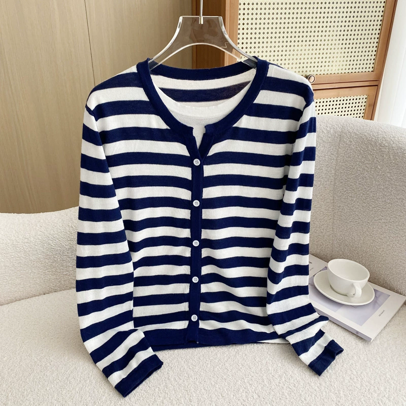 Легкий тонкий кардиган из искусственного меха, новый весенне-летний стиль, простая двухцветная утягивающая женская куртка в полоску с круглым вырезом.