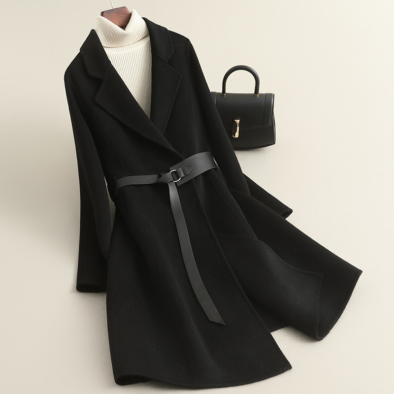 春の新作ハイエンド小柄コート女性用ミドル丈両面ゼロカシミアウエストウールウールコート女性用