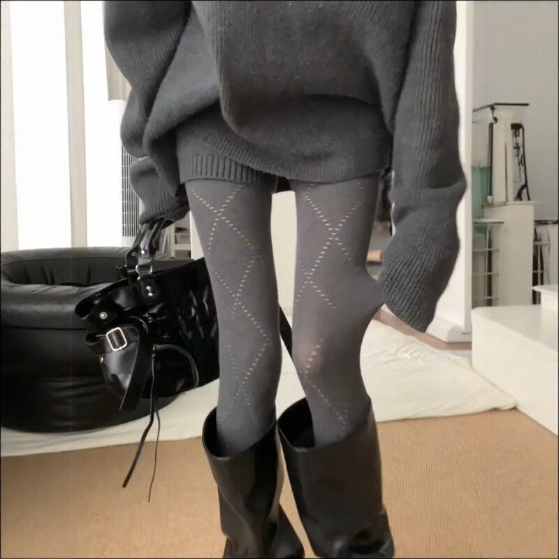 Autumn and Winter Gray Cotton Hollow-Out Diamond-Patterned Stretchy Slimming Warm Sexy Leg Warmers Pantyhose for Women