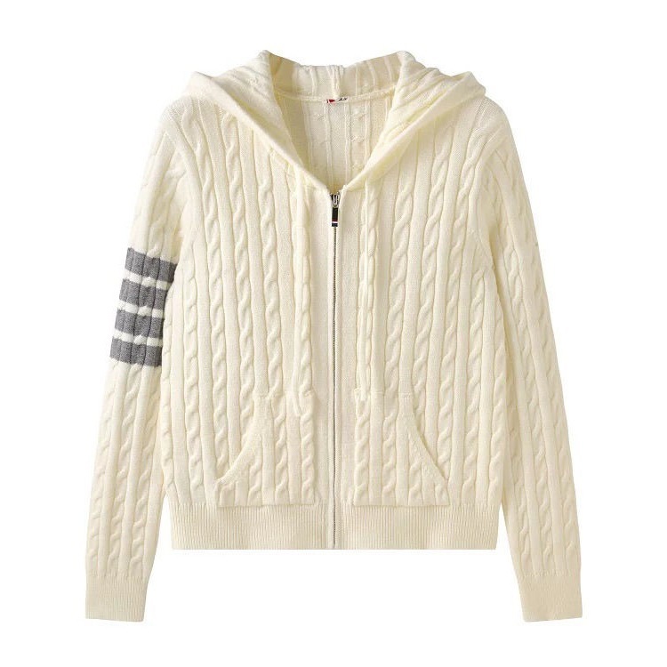 2025 Autumn/Winter Striped College Style Long Sleeve Hooded Cable Knit Zipper Cardigan Women's Sweater Coat Lazy Style