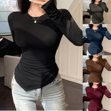 亚马逊2025纯色内搭圆领T恤不对称下摆设计女式修身长袖秋季女装