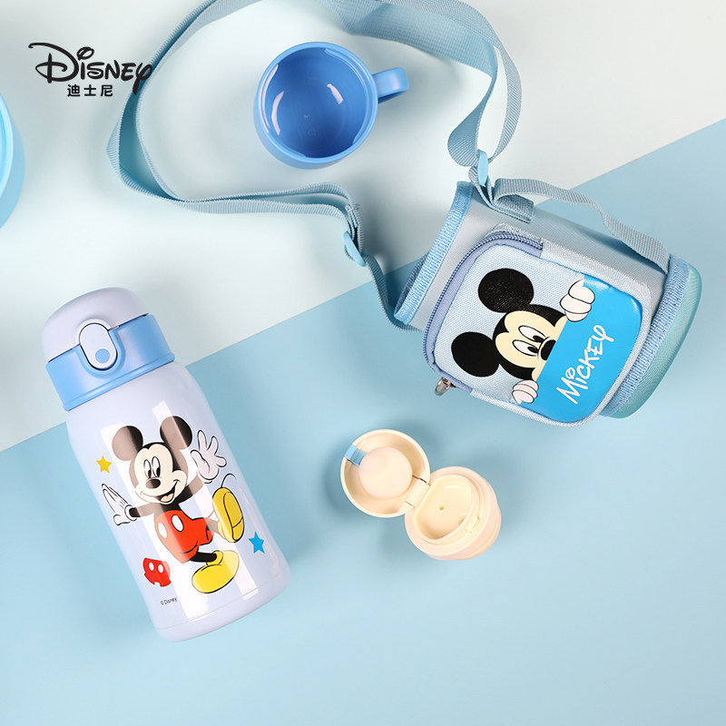 Детская термокружка Mickey с трубочкой для прямого питья, двойной крышкой, подходит для учеников начальной школы, для мальчиков и девочек, с плечевым ремнем.