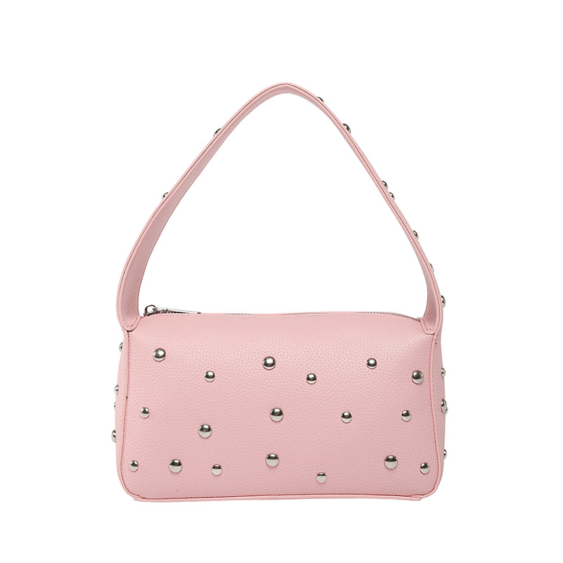 Bolso de axila con textura transfronteriza 2025 verano nuevo bolso femenino bolso de remache personalizado bolso de hombro con patrón de lichi de moda