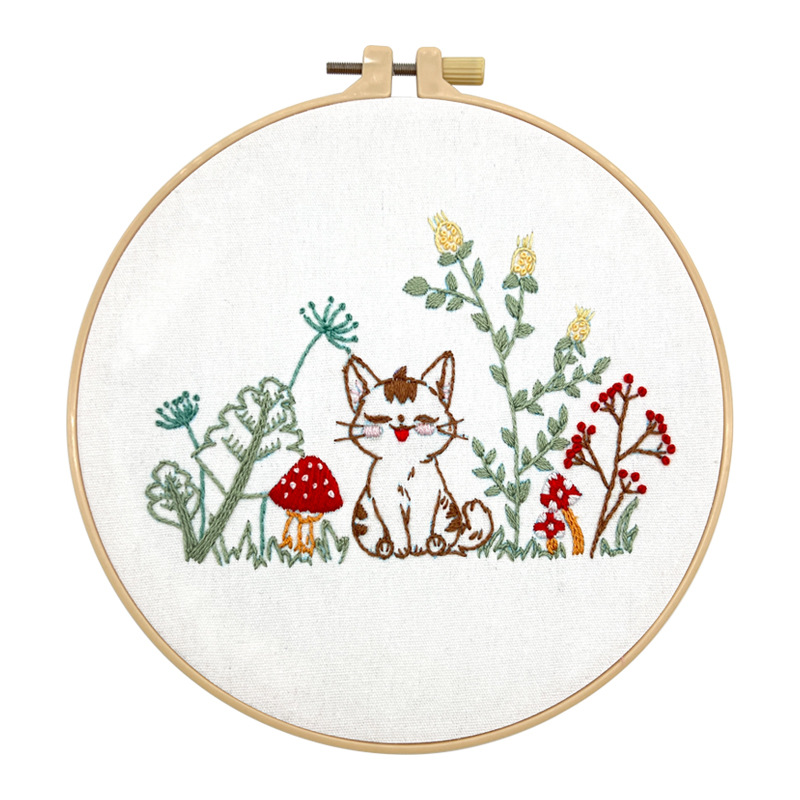 Lu bordado dibujos animados gatito animal pintura colgante bordado a mano paquete de material de bricolaje flores y césped decoración de tela pintura pequeña