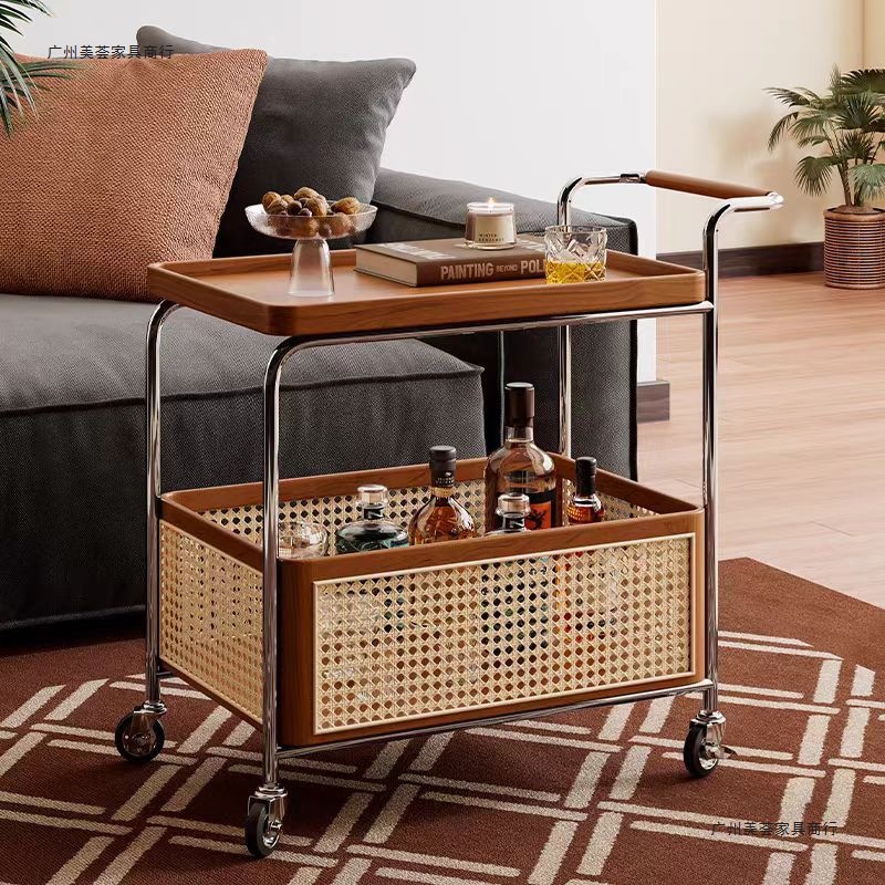 Vintage-Style Solid Wood Side Table with Movable Storage Rack, Ins-Style Rattan Woven Coffee Table Side Cabinet, Simple Bedroom Cart