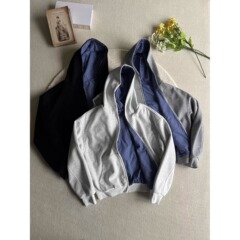 灰色美式开衫连帽卫衣男秋季cleanfit高级感miu系格纹双面穿外套