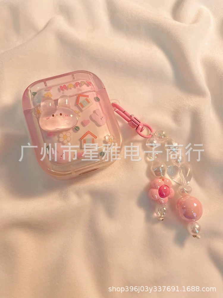Защитный чехол INS для AirPods (1/2/3/Pro/Pro2/4) — фуксия с 3D-зайчиком и сердечком
