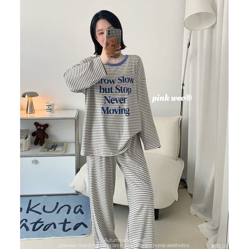 PinkWeo Autumn New Women's Loose Casual Letter Stripe Wide-Leg Home Wear Knit Cotton Pajamas PinkWeo Autumn New Women's Loose Casual Letter Stripe Wide-Leg Home Wear Knit Cotton Pajamas