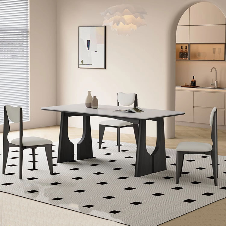 Mesa de comedor de tablero de roca blanca pura estilo medieval estilo crema estilo francés casa pequeña mesa de comedor de madera sólida combinación de mesa de comedor retro y silla