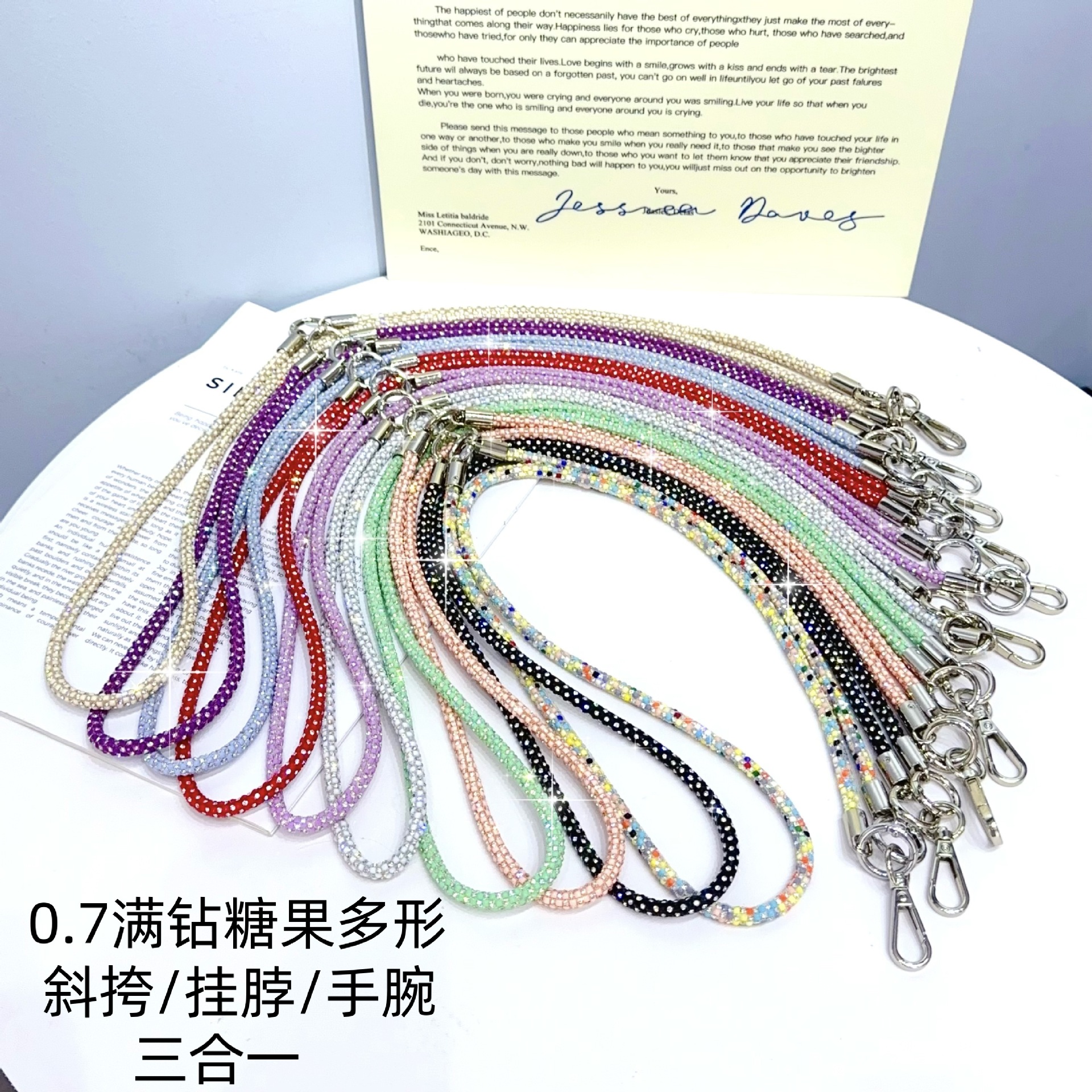 Alta calidad, ligero, lujo 0.7, diamante completo, tres en uno, cadena de teléfono móvil multiusos, mensajero, caramelo, diamante flash multiforma, cordón de diosa