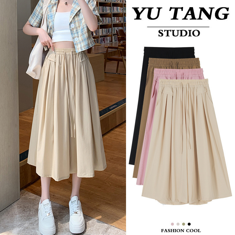 Culottes Women's Summer Thin 2025 New Arrival Wide Leg Pants High Waist Loose Dose Slimming Polyester Capri Pants