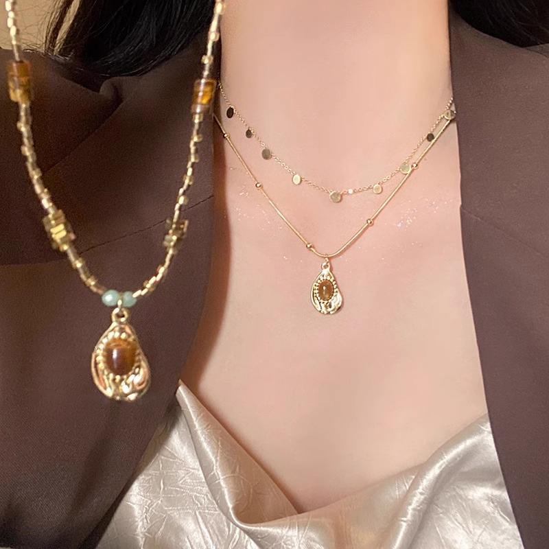 maillard tigereye beaded twin necklace women‘s autumn and winter advanced sweater sweater chain 2024 new popular necklace