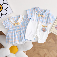 2023新款夏季爬服兄妹裝可愛連體衣棉男女寶嬰兒印花休閒哈衣