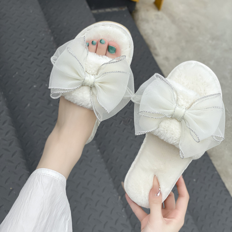 Cross-Border Amazon Autumn and Winter New Home Furry Slippers Women's Flat Bow Plush One-Line Indoor Cotton Slippers