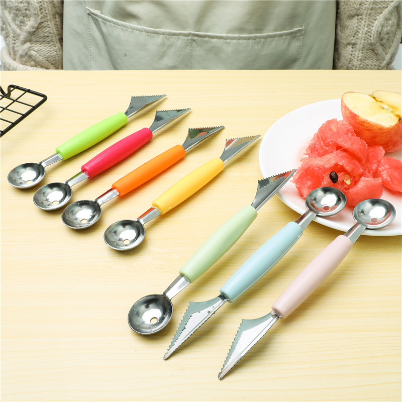Cocina de doble cabeza de acero inoxidable Bola de fruta excavadora cuchillo de talla corrugado helado sandía plato de fruta cuchara