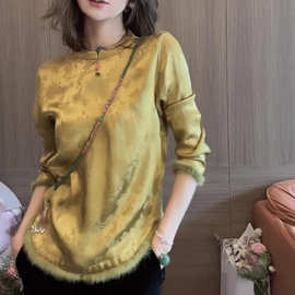 春秋新中式女装2024圆领印花毛边上衣女今年流行国风黄色长袖衬衫