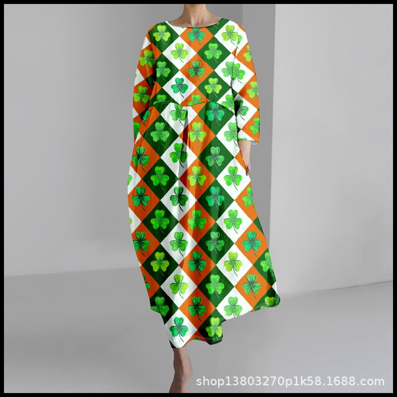2025 Cross-Border Women's Casual Three-Quarter Sleeve Dress with St. Patrick's Theme Clover 3D Print for Summer
