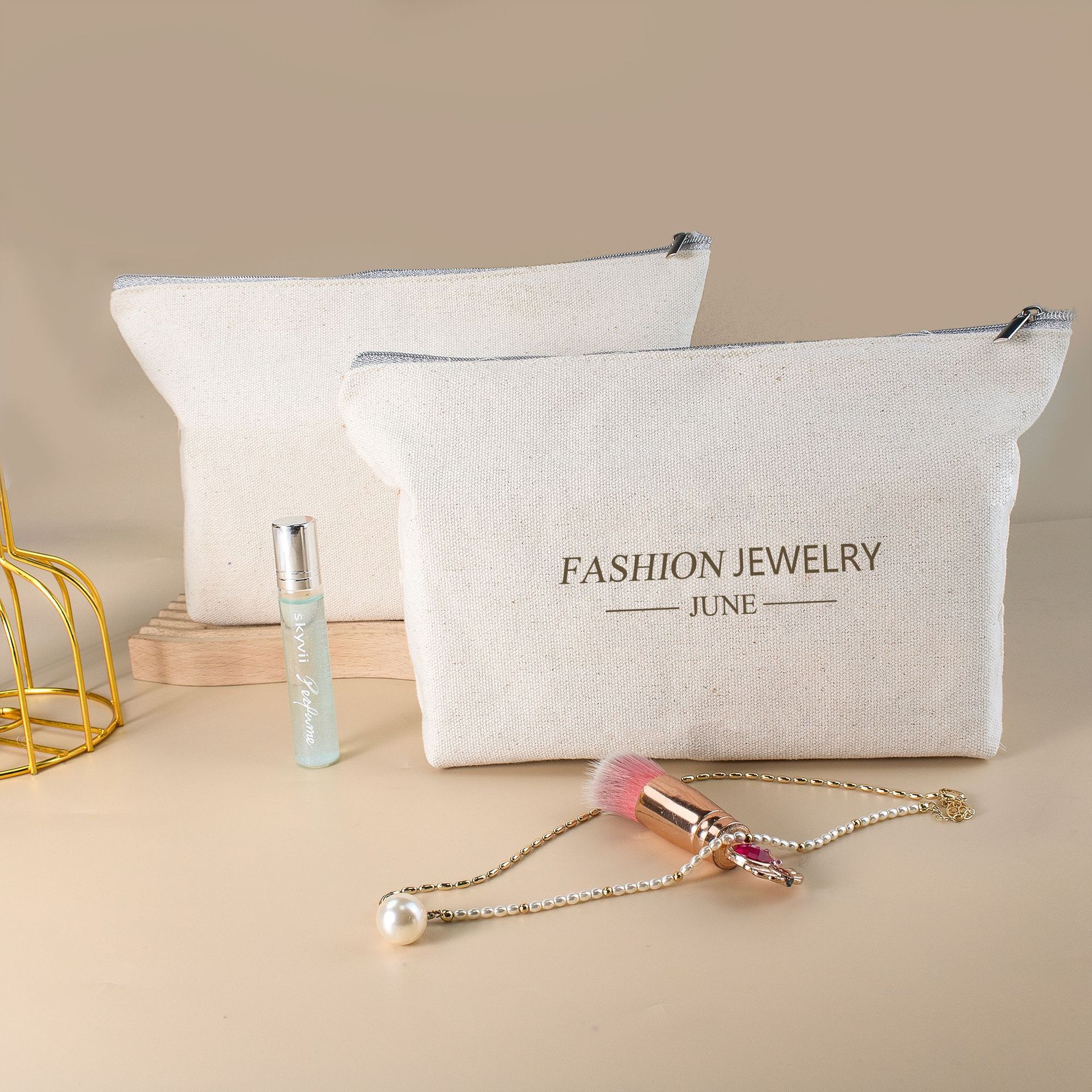 帆布纯棉双层设计手拿拉链包装袋棉布袋学生文具笔袋女士化妆品包