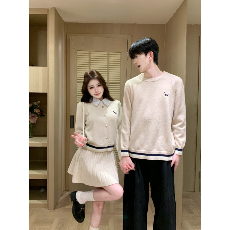 2026 couple outfit: autumn embroidered knit sweater and short skirt set, Korean-style, casual two-piece set