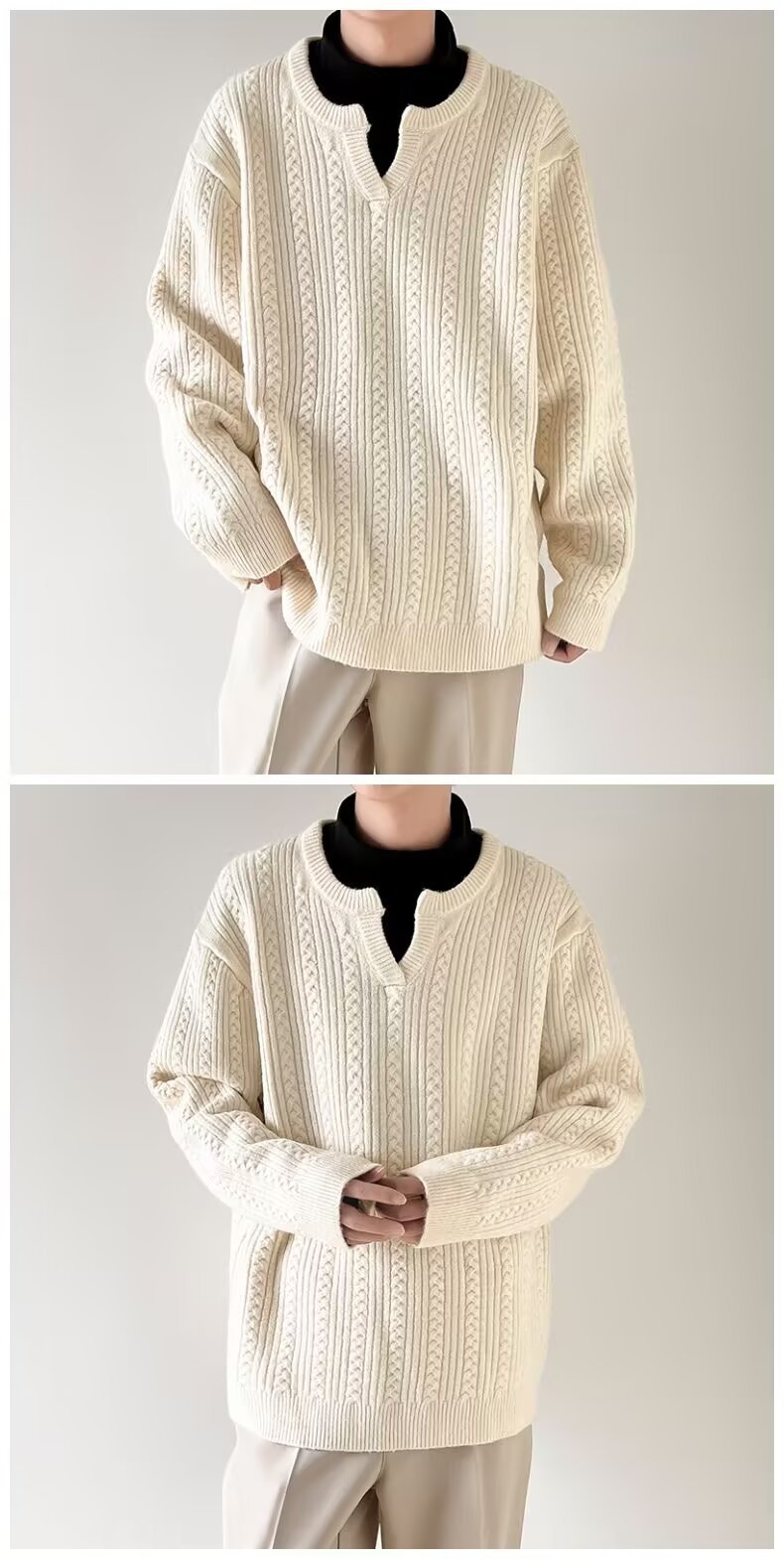 Pull en tricot à col en v pour homme en mélange coton hiver_voghion.com