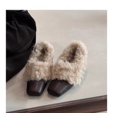 2025秋冬季新款方头一脚蹬毛毛鞋内增高单鞋女粗跟加绒保暖小皮鞋