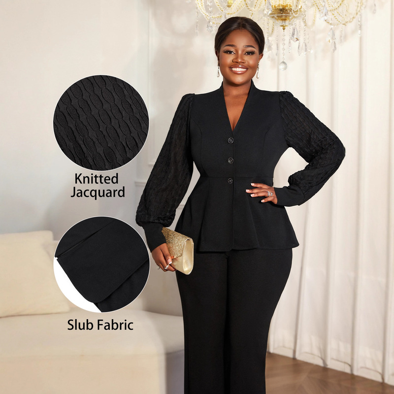 Plus Size Women's Black Patchwork Textured Sleeve Suit V-Neck Waist Ruffled Top Wide-Leg Pants Two-Piece Set
