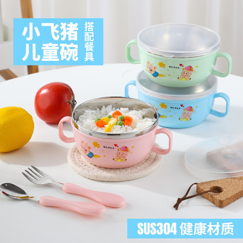 304 children's stainless steel bowl insulation baby's double ear bowl cartoon children's BB bowl with lid children's bowl complementary food bowl