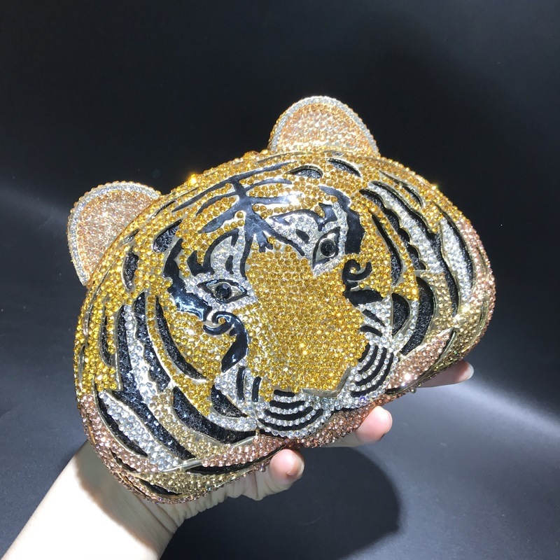 Bolsas de diamante de tigre, bolsas de cena de cristal metálicas, bolsas de diamantes hechas a mano, bolsas de mano de mujeres.