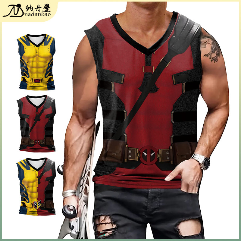 Nadanburg New V-neck Men's Vest European and American Movie Deadpool Wolverine Series Digital Printed T-shirt Top Men