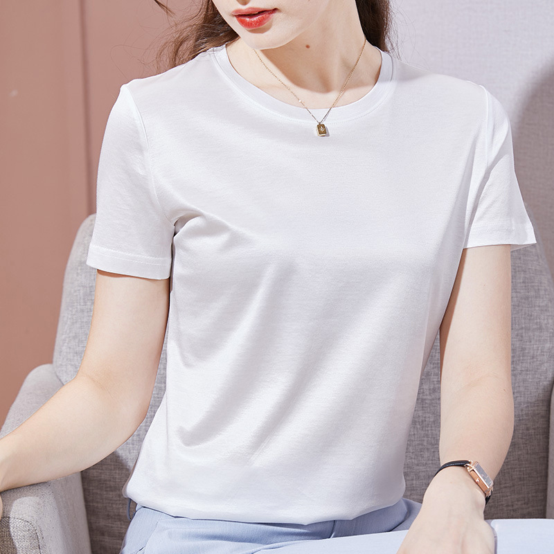2025 Summer New Style Mercerized Cotton T-Shirt for Women, Glossy Glossy Versatile Pure Color T-Shirt for Women, Small White T-Shirt
