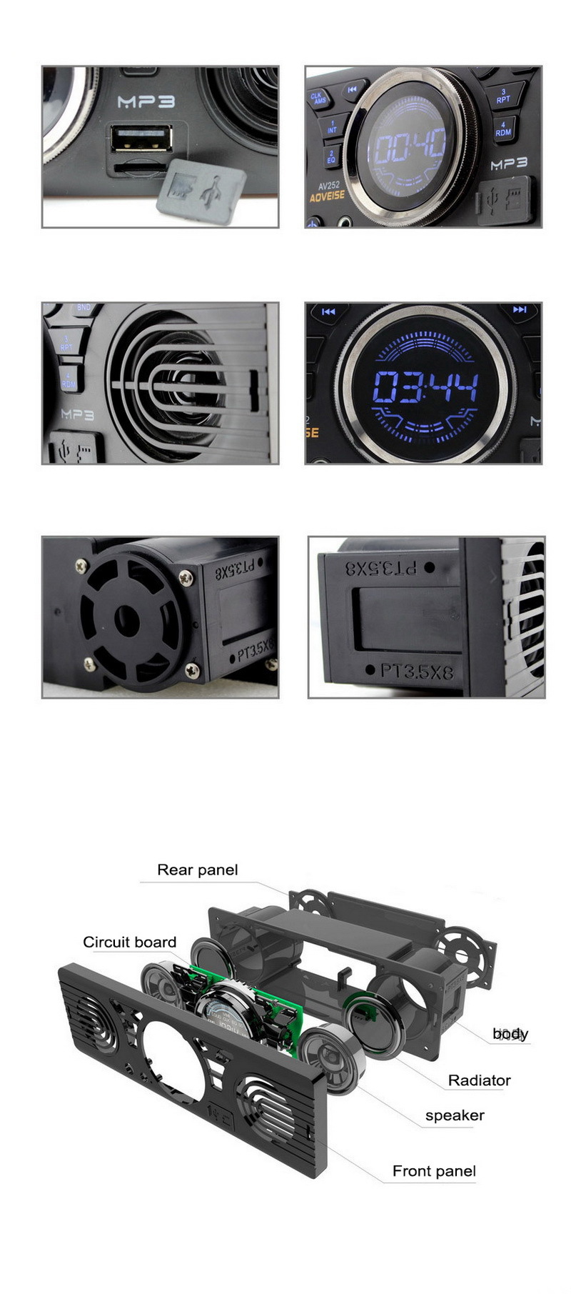 Single-DIN Car MP3 Player with Built-in Speaker, 12V Car Bluetooth Card-Insert FM Radio AV252