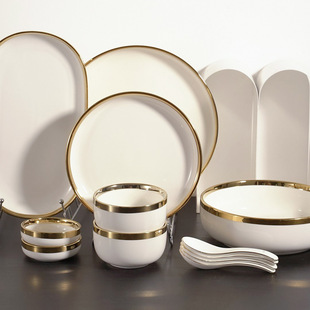 Bowl dish suit household Bowl Spoon ceramic Nordic plate dish eating bowl gold-plated edge tableware combination soup noodle bowl