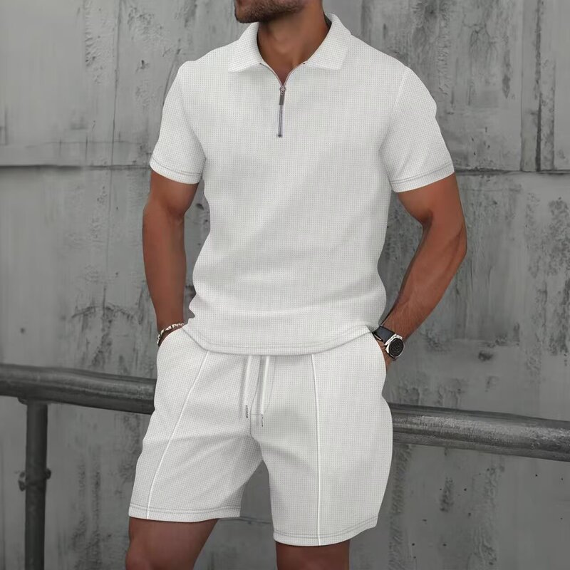 Cross-Border Men's New Style Zipper Solid Color Men's Amazon Lapel Polo Short-Sleeved T-Shirt Shorts Casual Suit