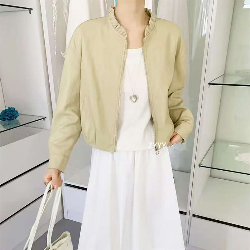Korean Style Short Pu Leather Jacket for Women, New Model with Ruffled Collar, Slim Fit, Versatile for Daily Wear, Easy-Care Leather Jacket Korean Style Short Pu Leather Jacket for Women, New Model with Ruffled Collar, Slim Fit, Versatile for Daily Wear, Easy-Care Leather Jacket