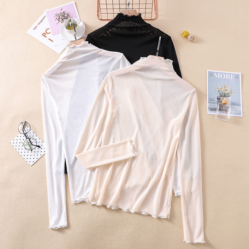 Thin Sunscreen Ice Silk T-shirt Women's Long Sleeve 2023 Spring and Summer New Mesh Base Shirt Stylish Solid Color Inner Top