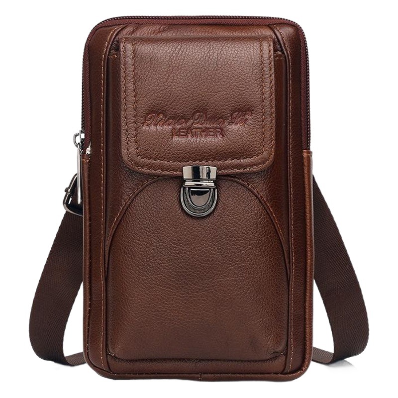 Men's Crossbody Bag Genuine Leather Multifunctional Men's Bag 7inch Mobile Phone Waist Bag Wear Belt Cowhide Chest Bag Waist Hanging Small Bag