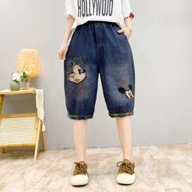 六分裤女夏季新款翻边卡通贴布刺绣牛仔五分裤松紧腰宽松显瘦韩版