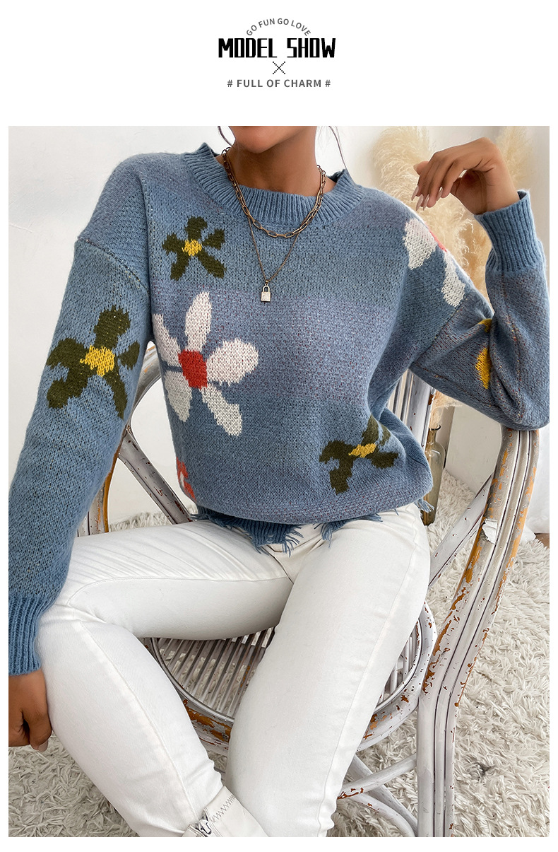 Round Neck Knitted Blue Flower Jacquard Sweater NSDMB88627