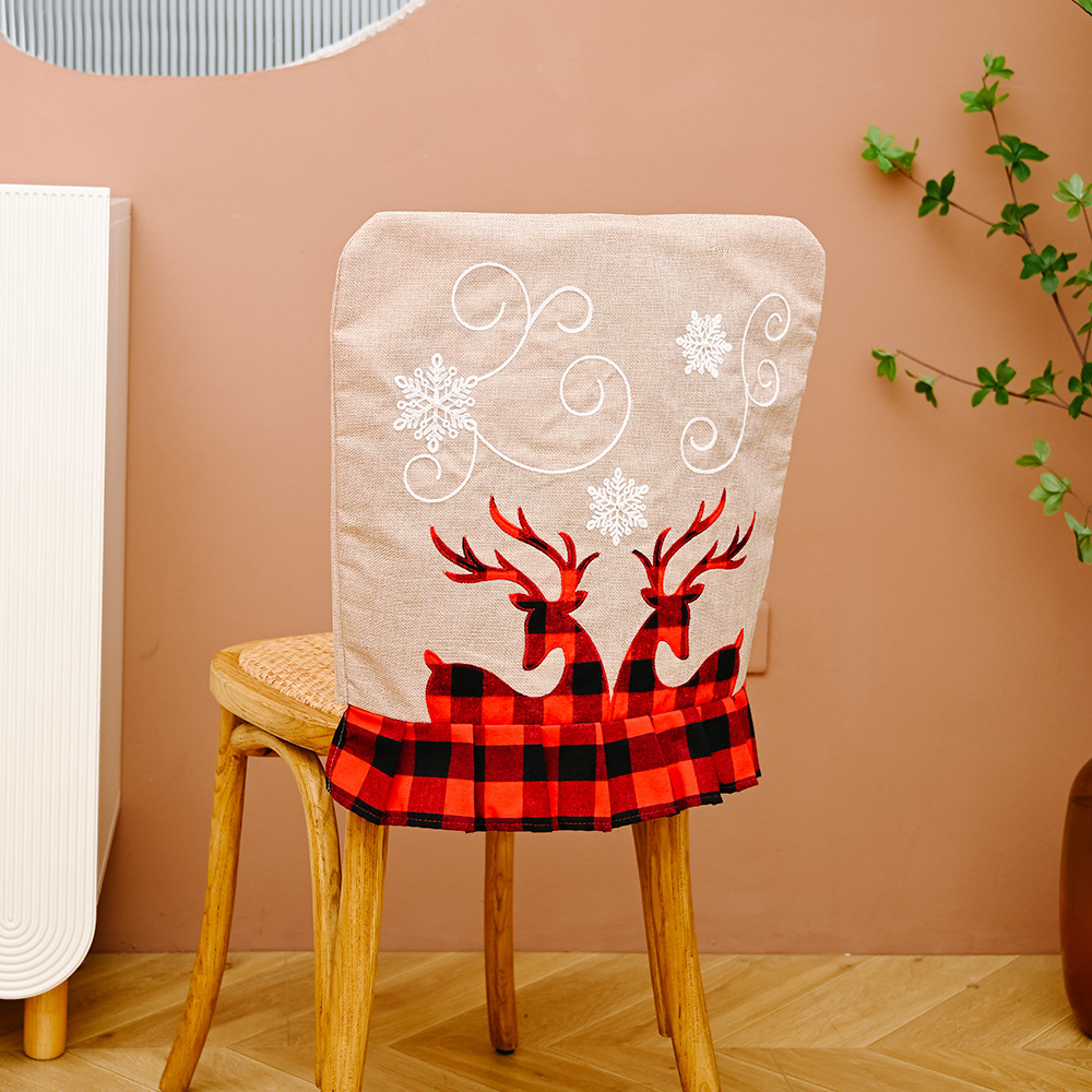 Christmas Decorative Supplies Plaid Chair Back Cover Burlap Face Elk Chair Cover for the Elderly_voghion.com