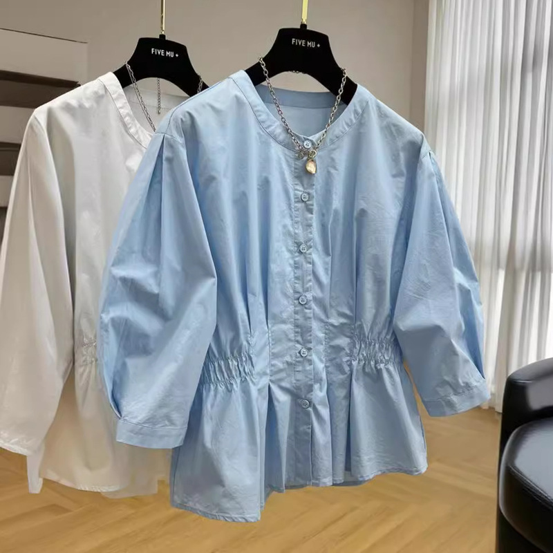 South Korea Dongdaemun 23 summer dress new pleated elastic waist round collar single-breasted fashion Korean seven-point sleeve shirt