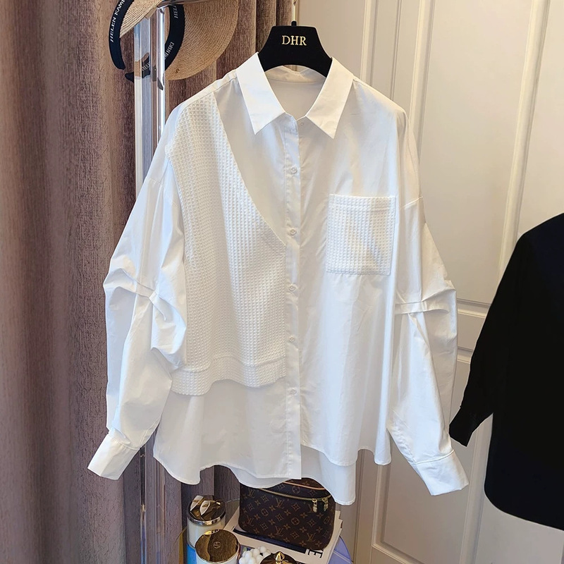 Korean Style Summer New Style Patchwork Waffle Fake Two-Piece Niche Design Loose Casual Retro Shirt Women's Top Korean Style Summer New Style Patchwork Waffle Fake Two-Piece Niche Design Loose Casual Retro Shirt Women's Top