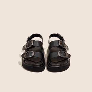 Gu Yun Platform Black Sandals Women's Genuine Leather Summer New All-match Sports Flat Roman Sandals with One-line Buckle Trendy