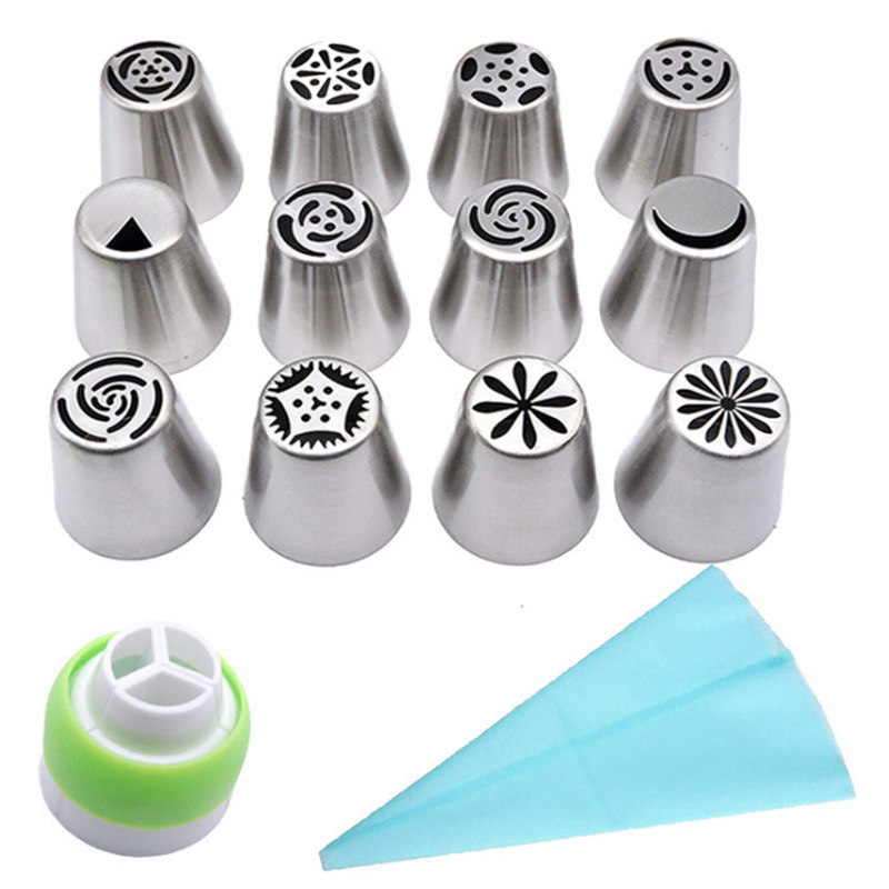 Juego de boca decorada rusa roja de malla de acero inoxidable sin costura de una pieza Juego de 27 piezas Decoración de galletas de crema Horneado