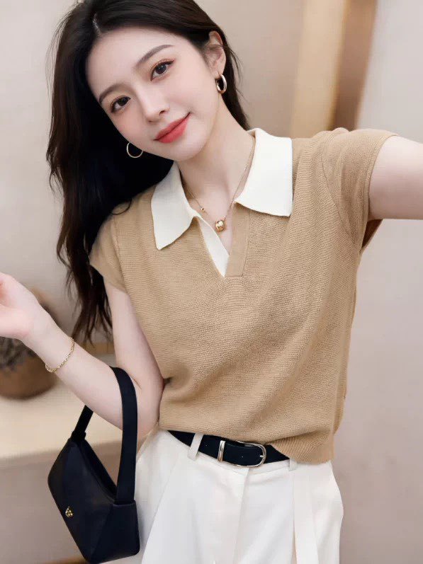 Áo thun polo nữ tay ngắn cổ bẻ phối màu, dáng ôm nhẹ — màu trắng