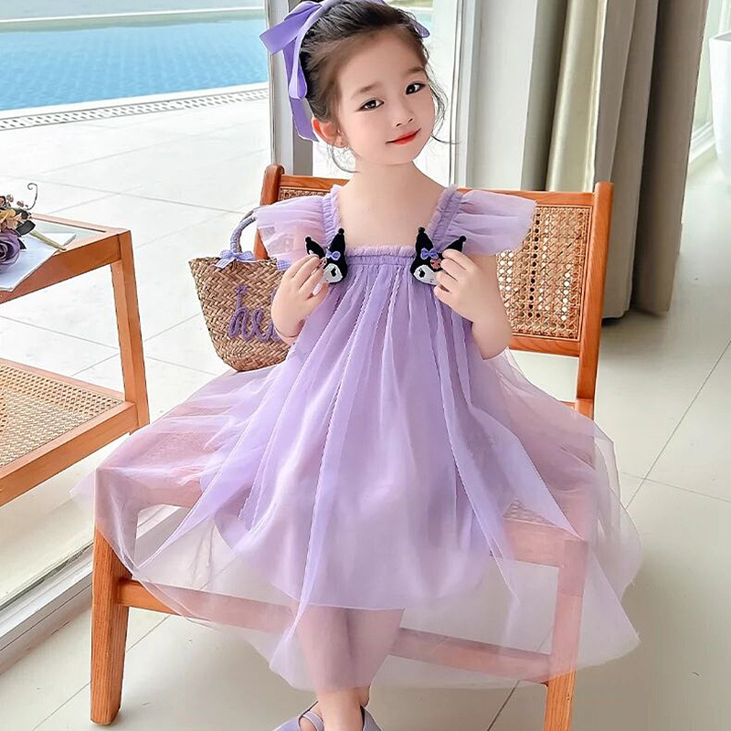 2025 New Style Small Flying Sleeve Girls Mesh Skirt Dress Fashionable Summer Thin Suspender Princess Mesh Skirt