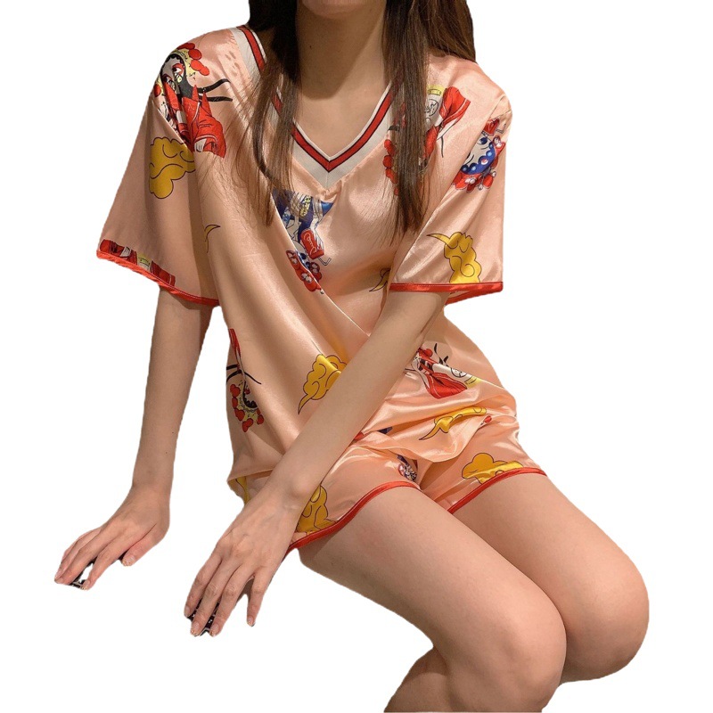 Pijamas de manga corta para mujer traje de dos piezas de seda de hielo de verano Pantalones cortos con cuello en V seda artificial delgada fresca sexy verano homewear