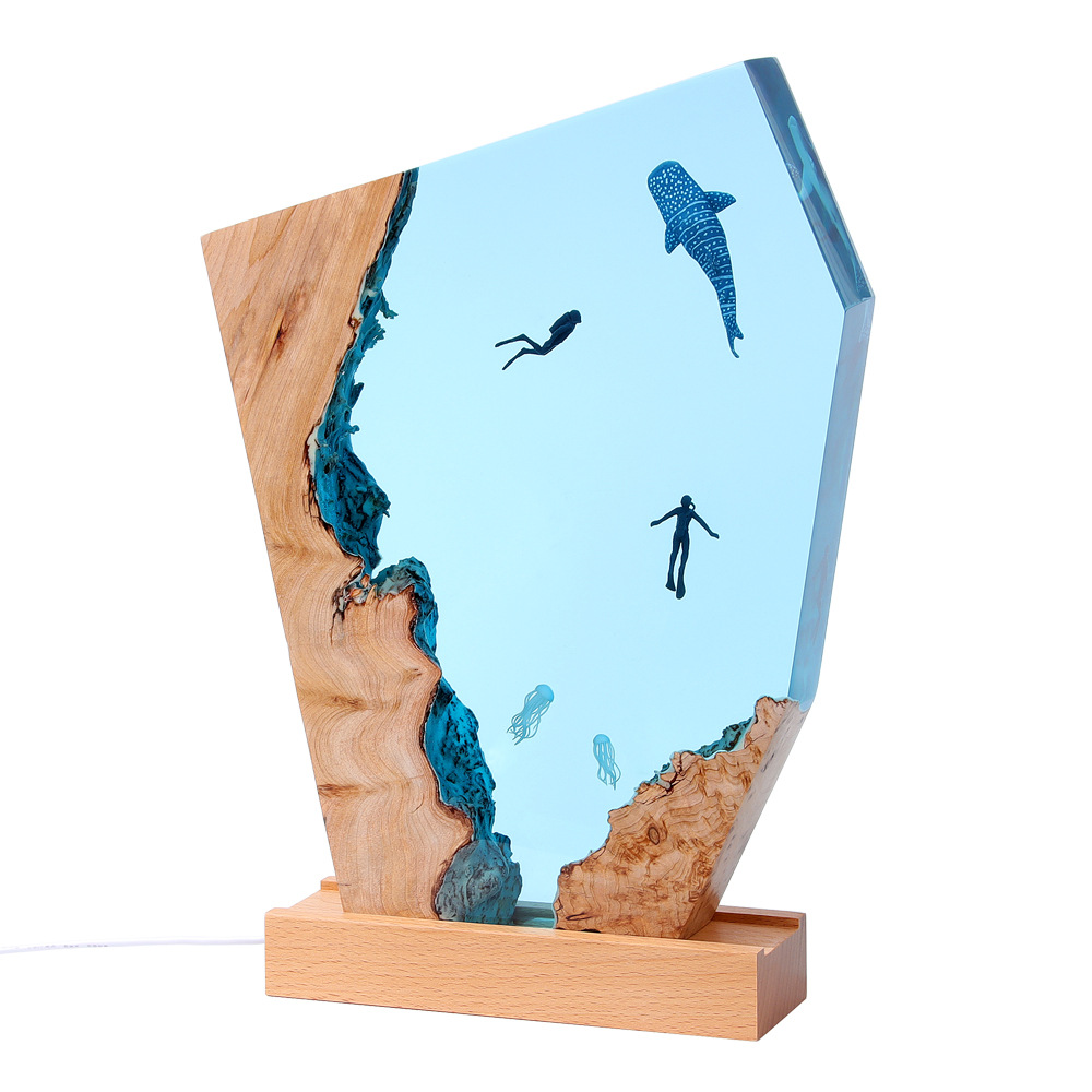 Ocean Cave Diver Home Desktop Decoration Creative Art Lamp Holder Solid Wood Resin Nightlight Gift Jewelry