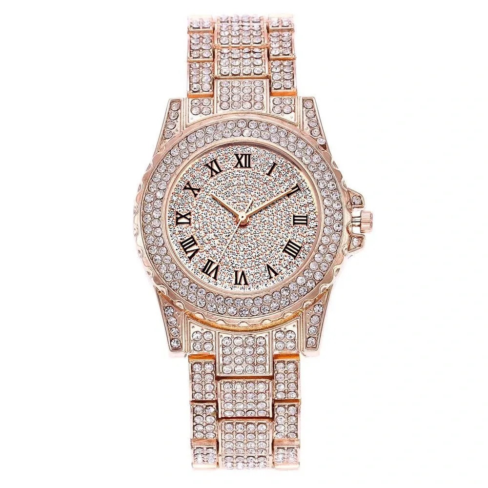 Reloj de cuarzo de negocios en línea celebridad empuje principal diamante rhinestone moda gran dial rhinestone romano literal correa de acero reloj chica